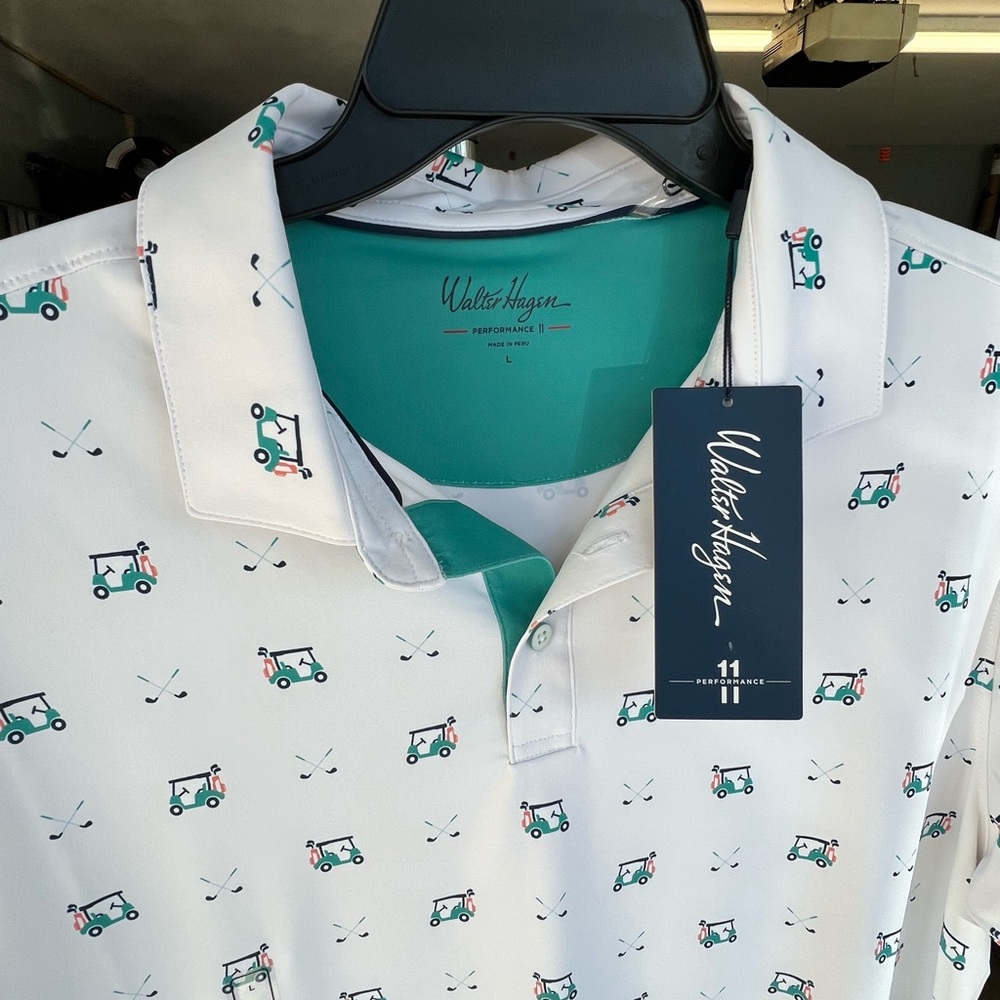 Walter Hagen Men's White Polo with Golf Cart Print
